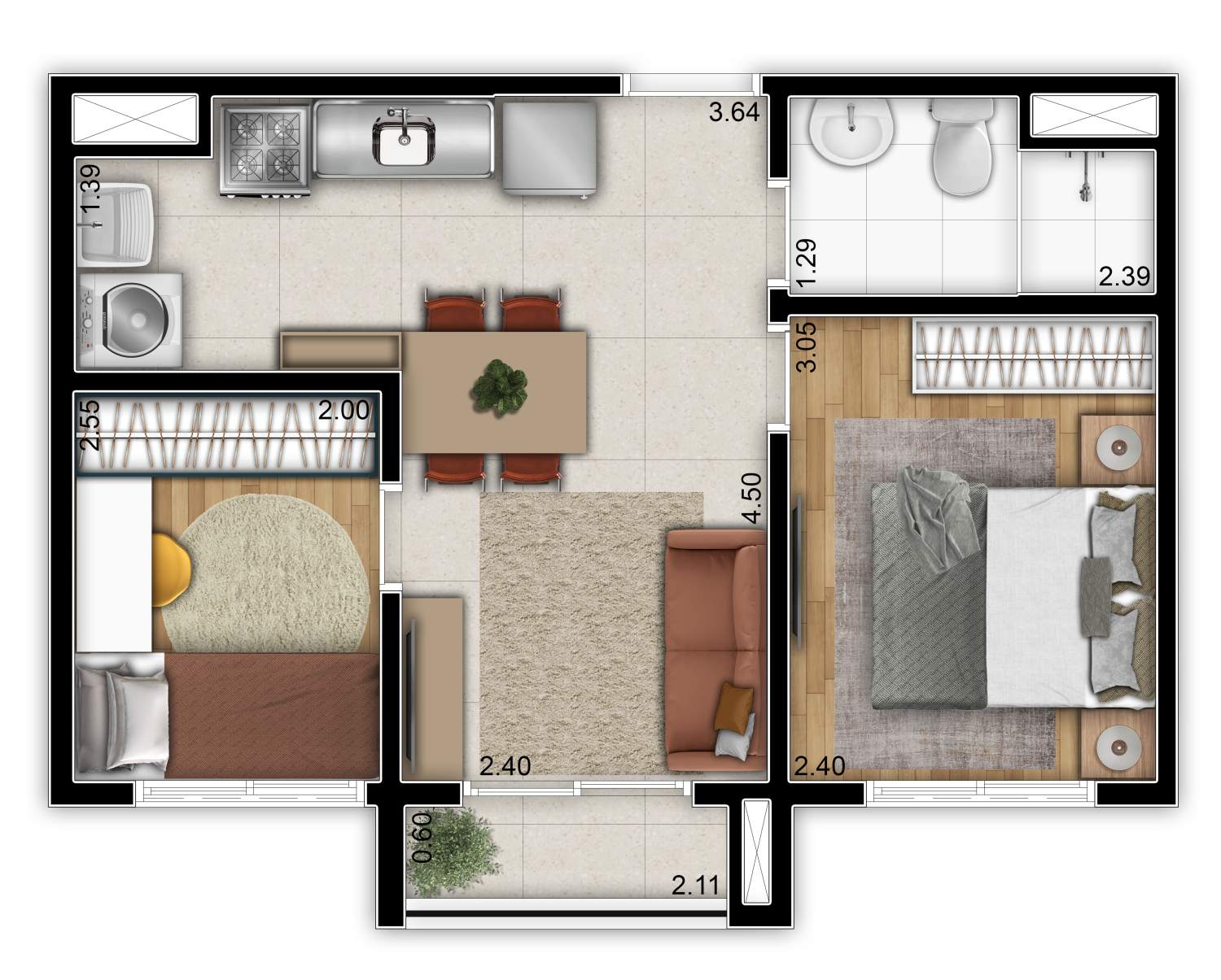 Planta 2 dorms 36m² – Vinx Vila Tolstói