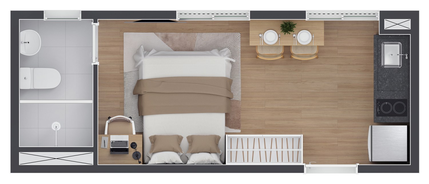 Planta Studio 17m² – Vinx Bresser-Mooca